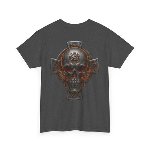 Dark gray unisex tee with bold Celtic skull and cross heritage design on back