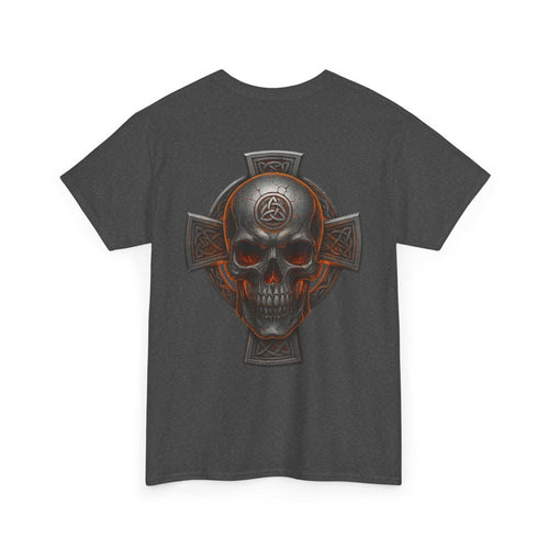 Dark gray unisex tee with bold Celtic skull and cross heritage design on back