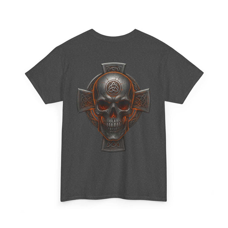Dark gray unisex tee with bold Celtic skull and cross heritage design on back