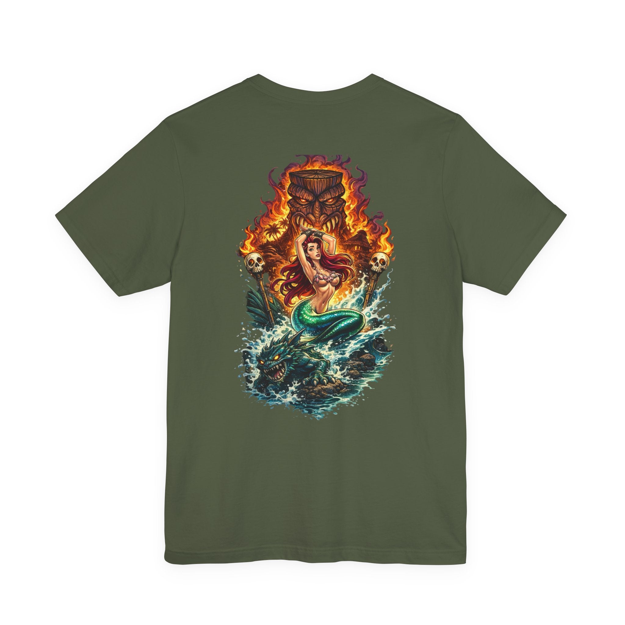 Tiki Mermaid T‑Shirt — Fiery Ocean Tattoo Style Graphic Tee