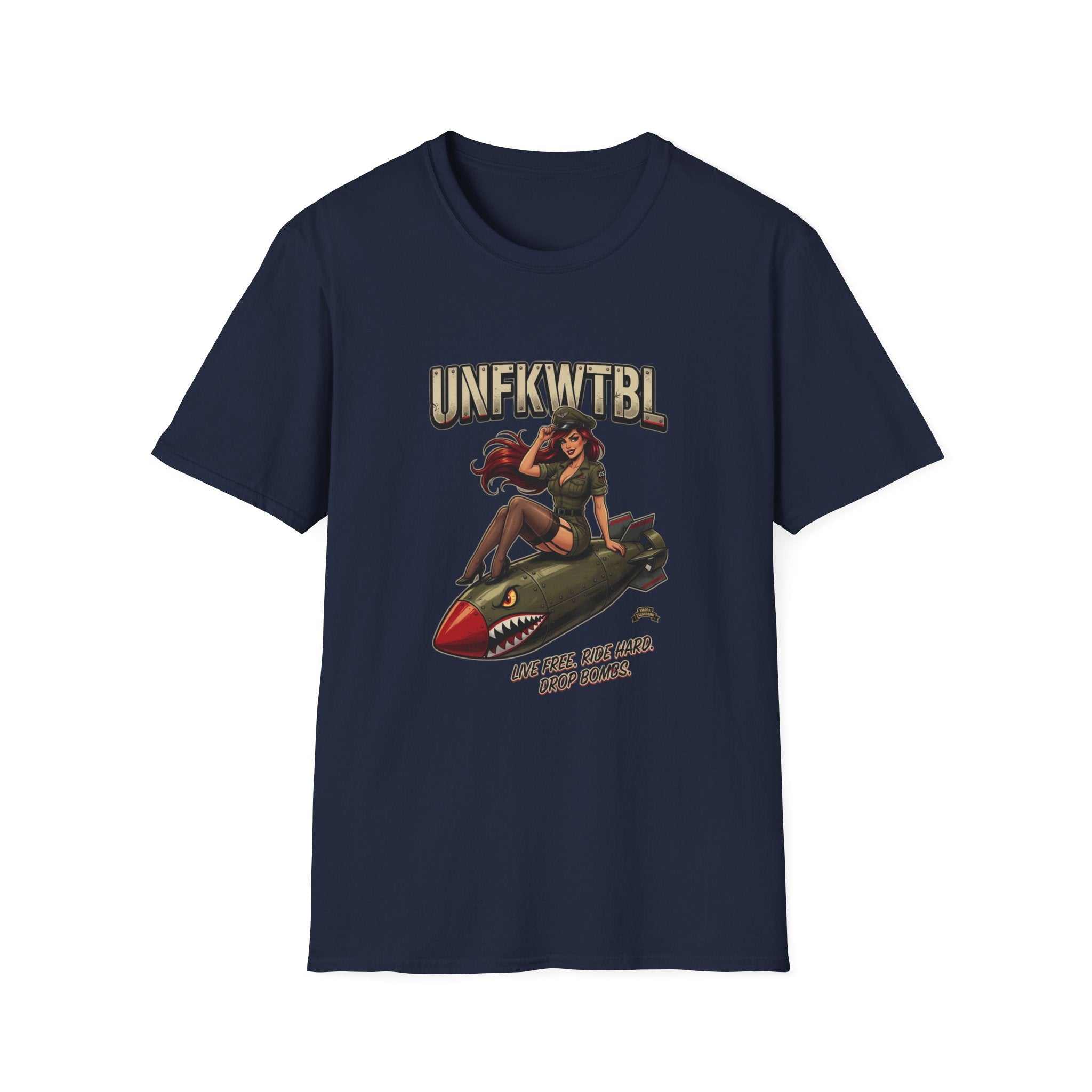 Vintage Pinup Bomber T-Shirt featuring retro military aviator graphic on lightweight cotton fabric