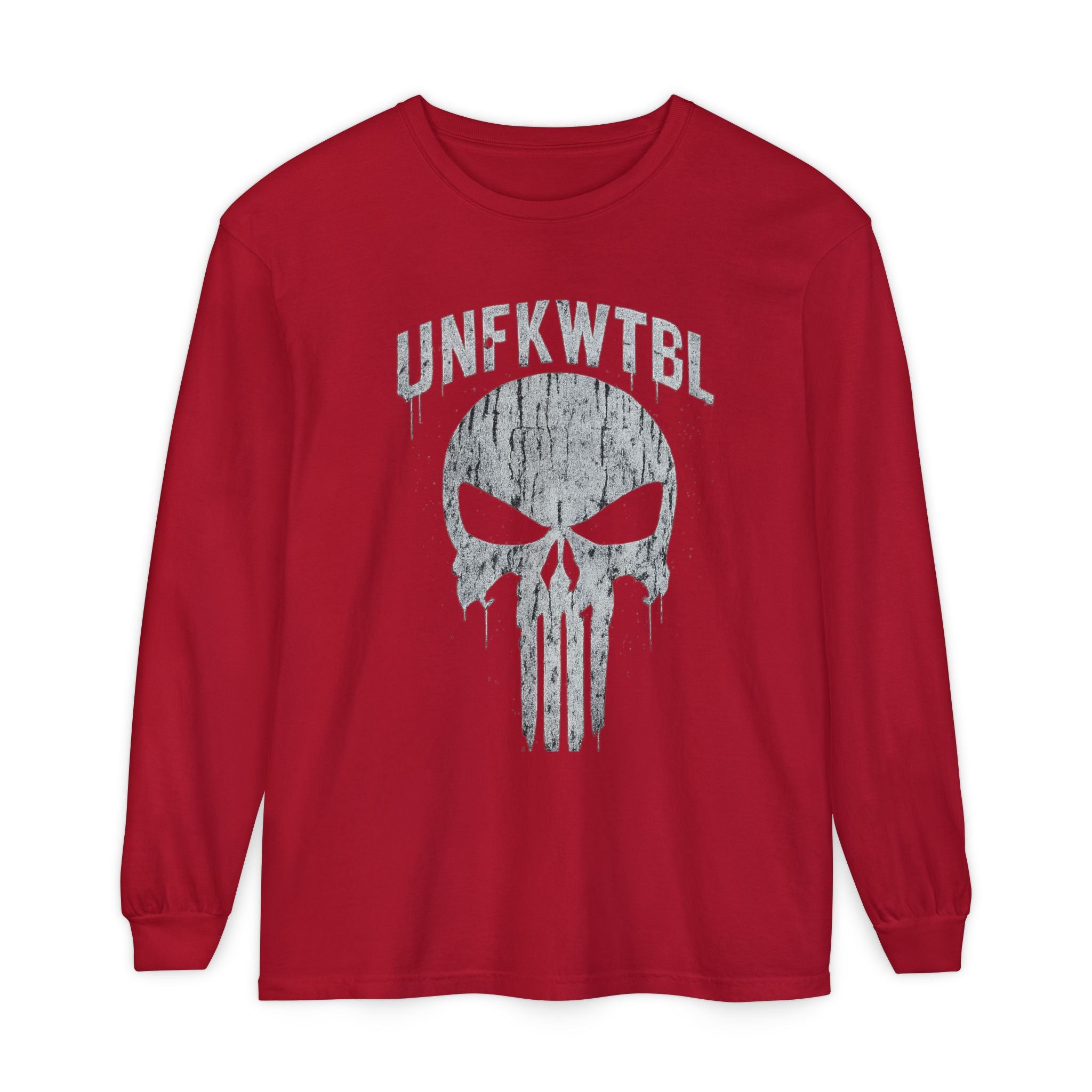 Punisher Skull Long Sleeve Tee — 'UNFKWTBL' Distressed Graphic