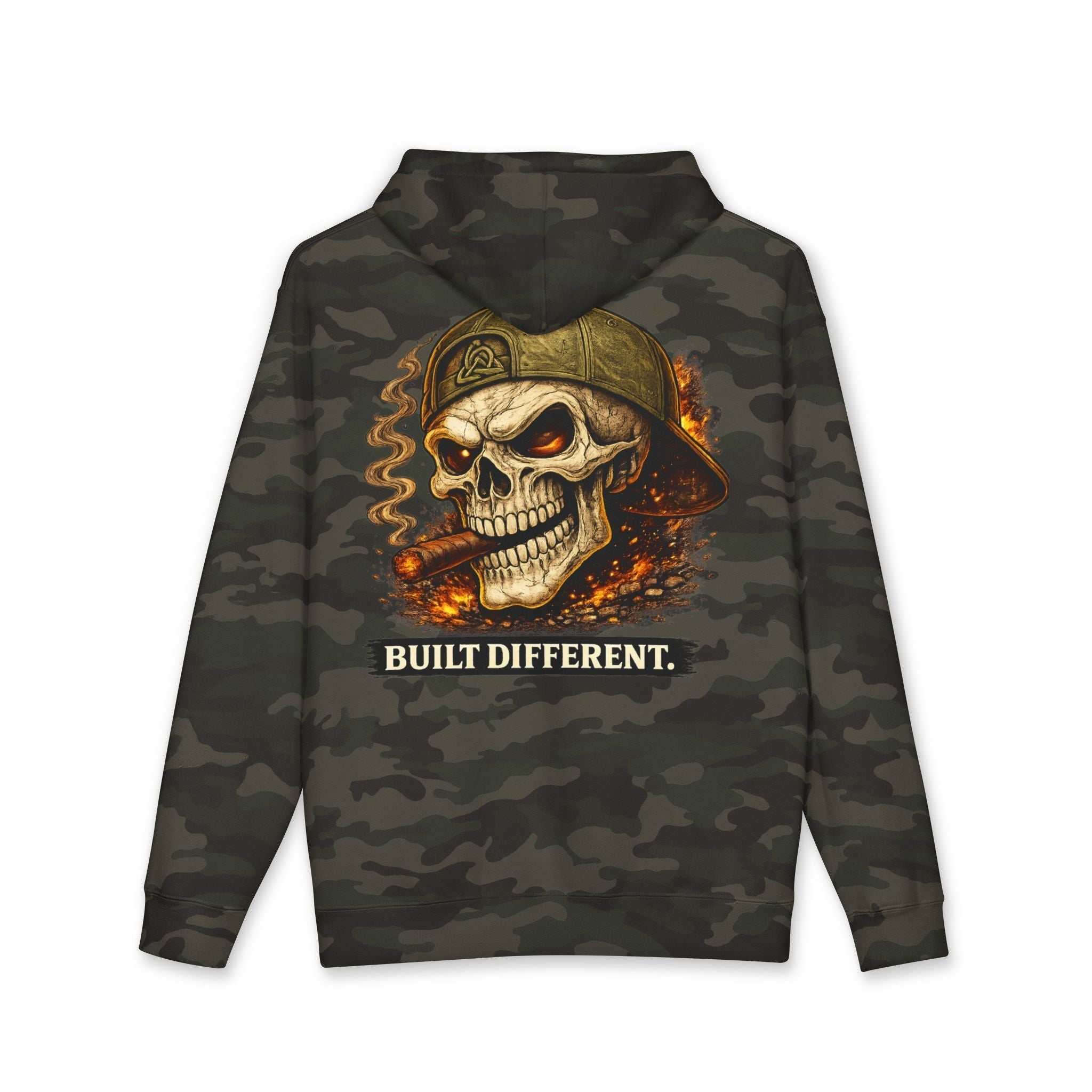 Skull Cigar Hoodie with bold skull and cigar graphic on muted camo heavyweight fabric, ideal streetwear pullover.
