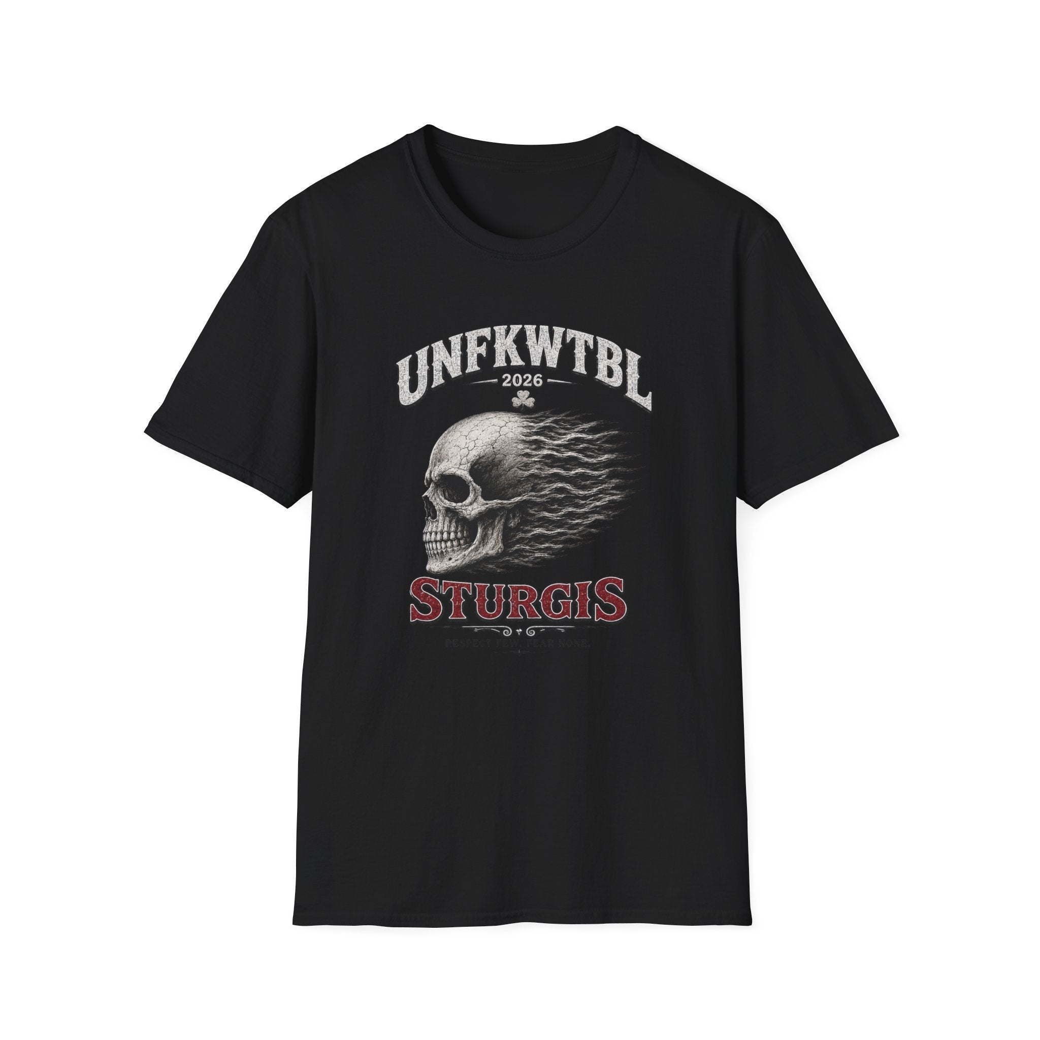 Skull Flame Sturgis T-Shirt with distressed skull graphic and vintage rally lettering on soft lightweight cotton tee