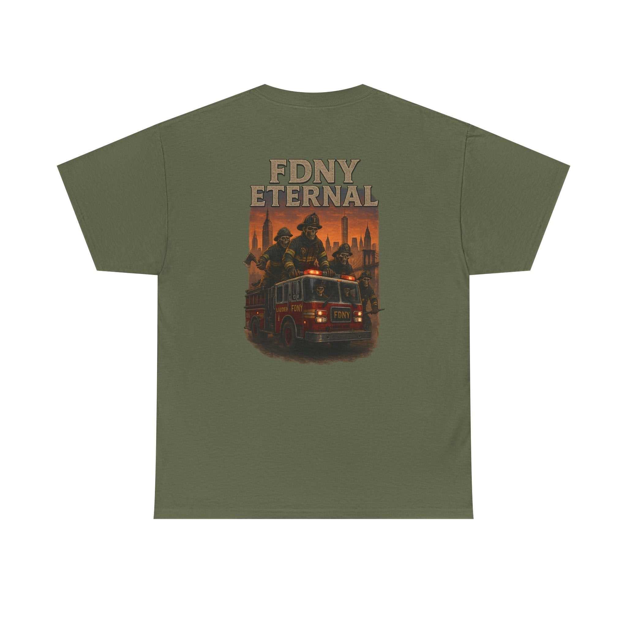 Black FDNY ETERNAL Tribute Tee honoring NYC firefighters with bold fire department memorial design