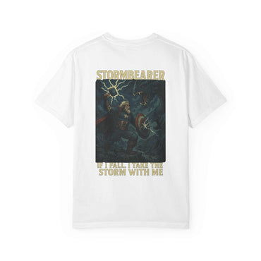 Epic Stormbearer unisex white t-shirt with fantasy graphic and text, casual gamer apparel
