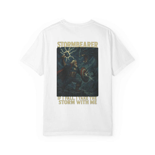 Epic Stormbearer unisex white t-shirt with fantasy graphic and text, casual gamer apparel