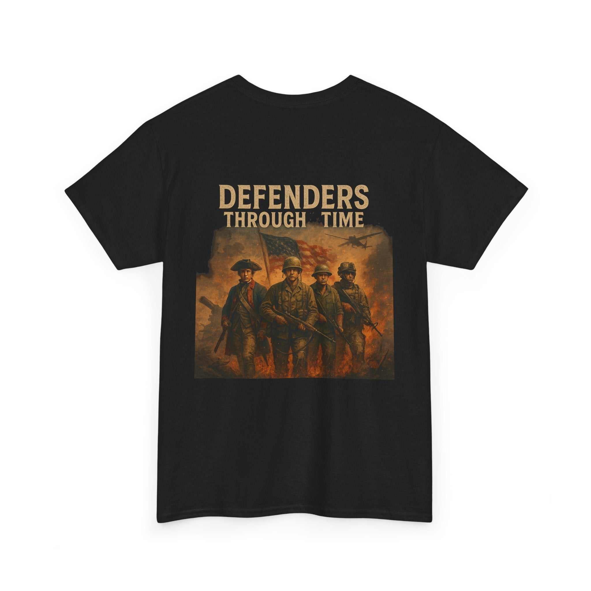 Defenders Through Time T-shirt featuring vintage military soldiers and American Strength Brotherhood text on black cotton tee