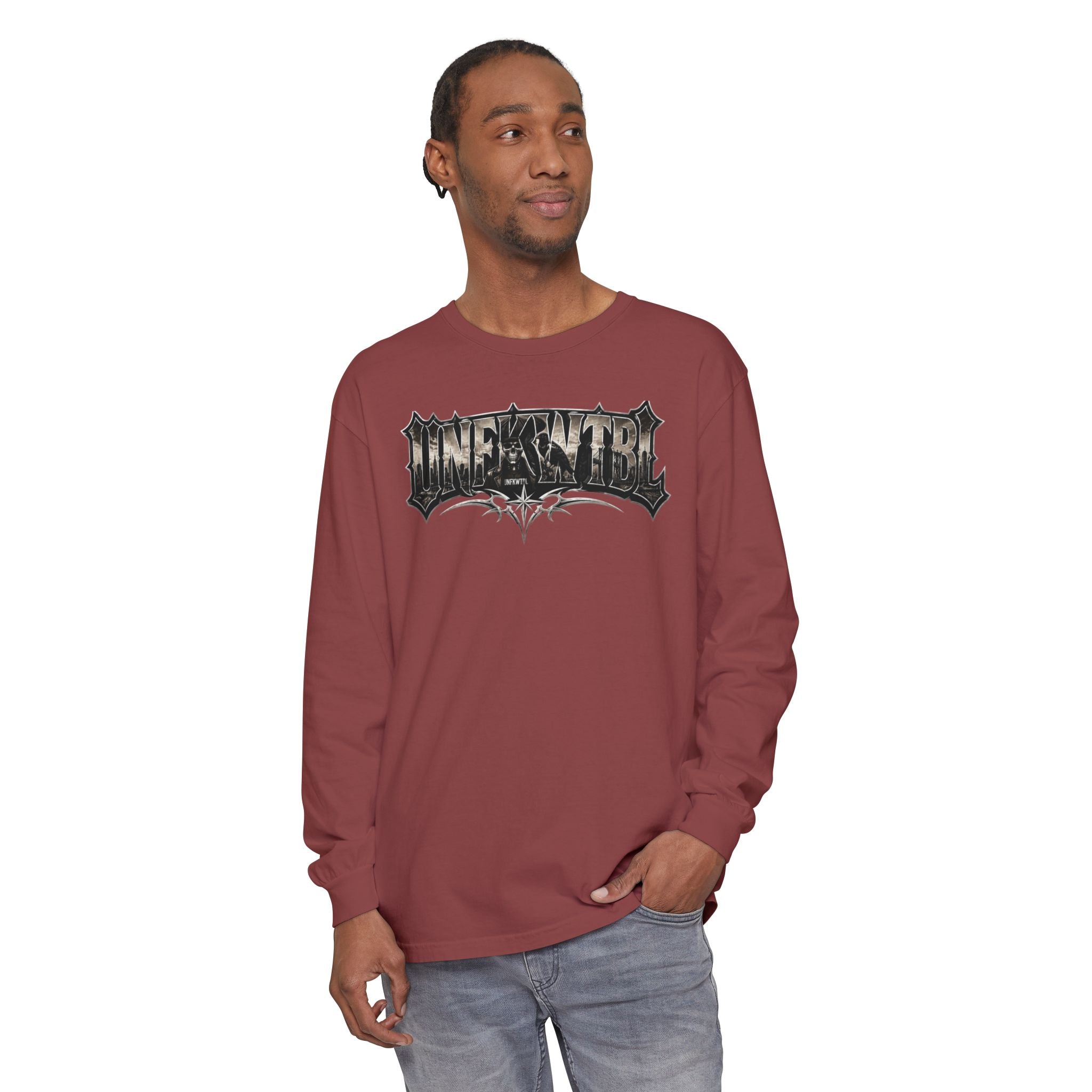 Metal Logo Long Sleeve T‑Shirt — 'UNDEFEATED' Gothic Graphic