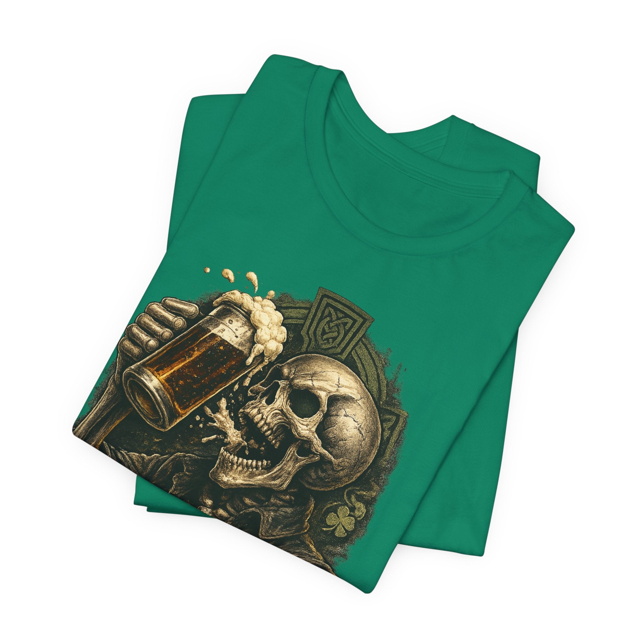 Drink First Think Never T-Shirt — Skull Beer Graphic Tee for Party & Bar Lovers
