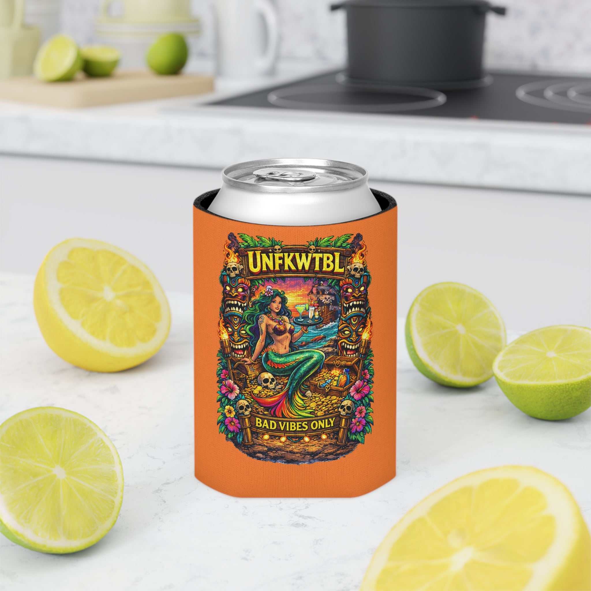 Tropical mermaid can cooler with vibrant beach-themed design and insulated beer sleeve
