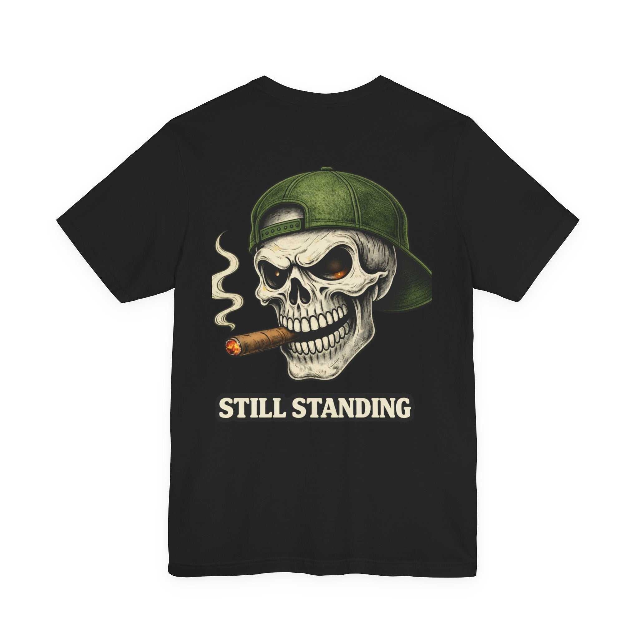 Still Standing Skull Tee vintage military skull smoking cigar graphic t-shirt front and back view