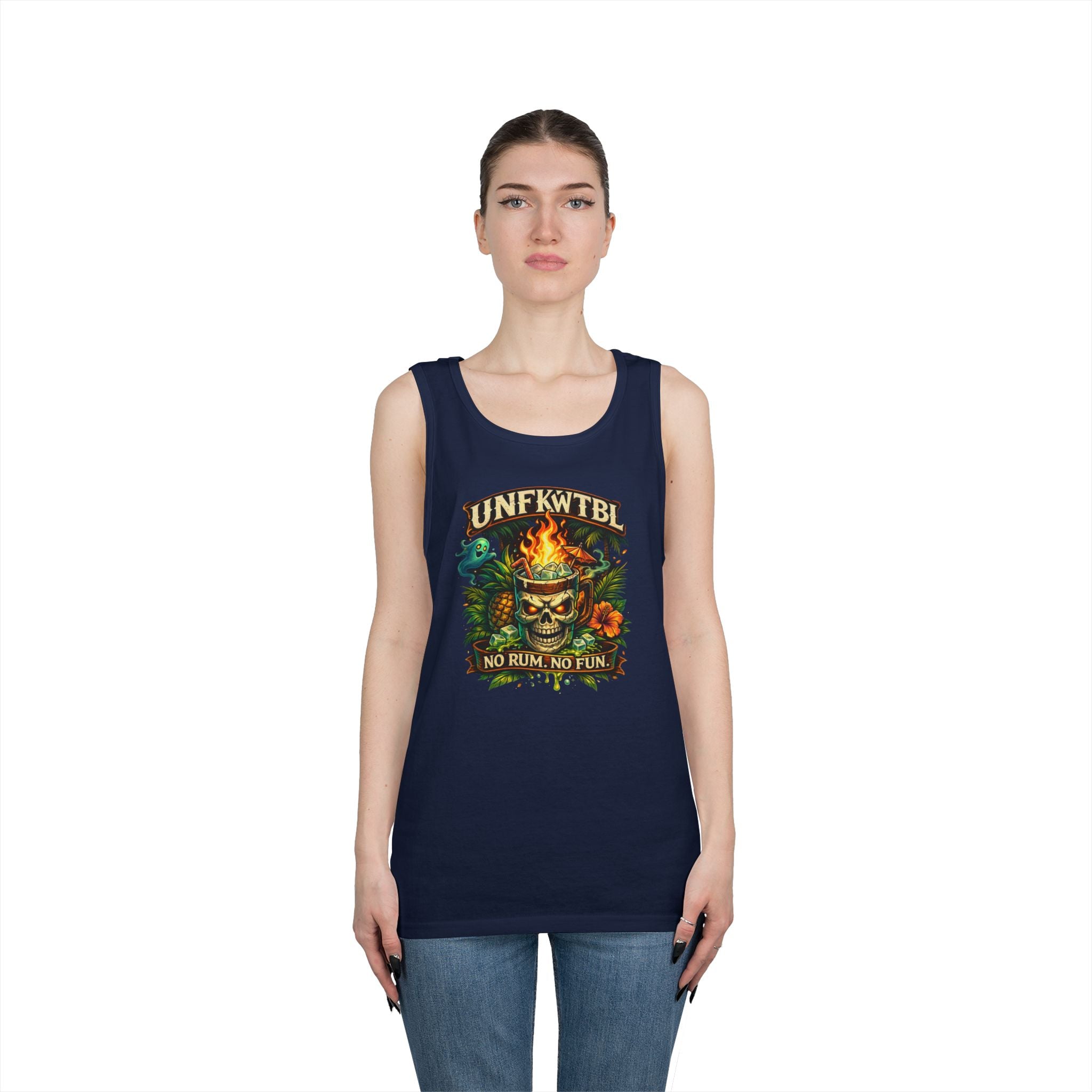 Tiki Skull Tank Top — “No Rum, No Fun” Tropical Beach Party Graphic Tank