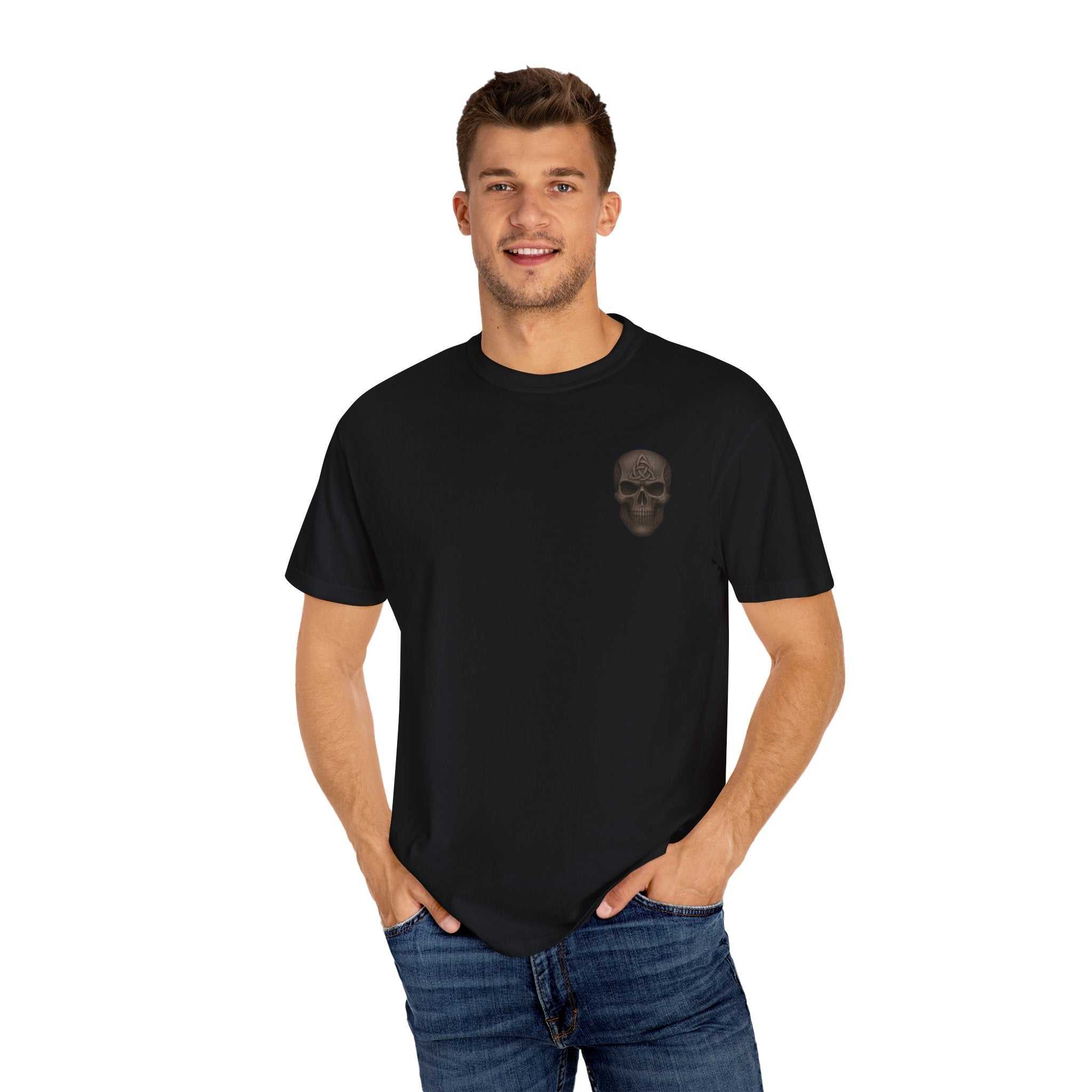 Unisex black Spooky Pumpkin Punch T-Shirt with subtle skull graphic, casual Halloween and fall festival tee