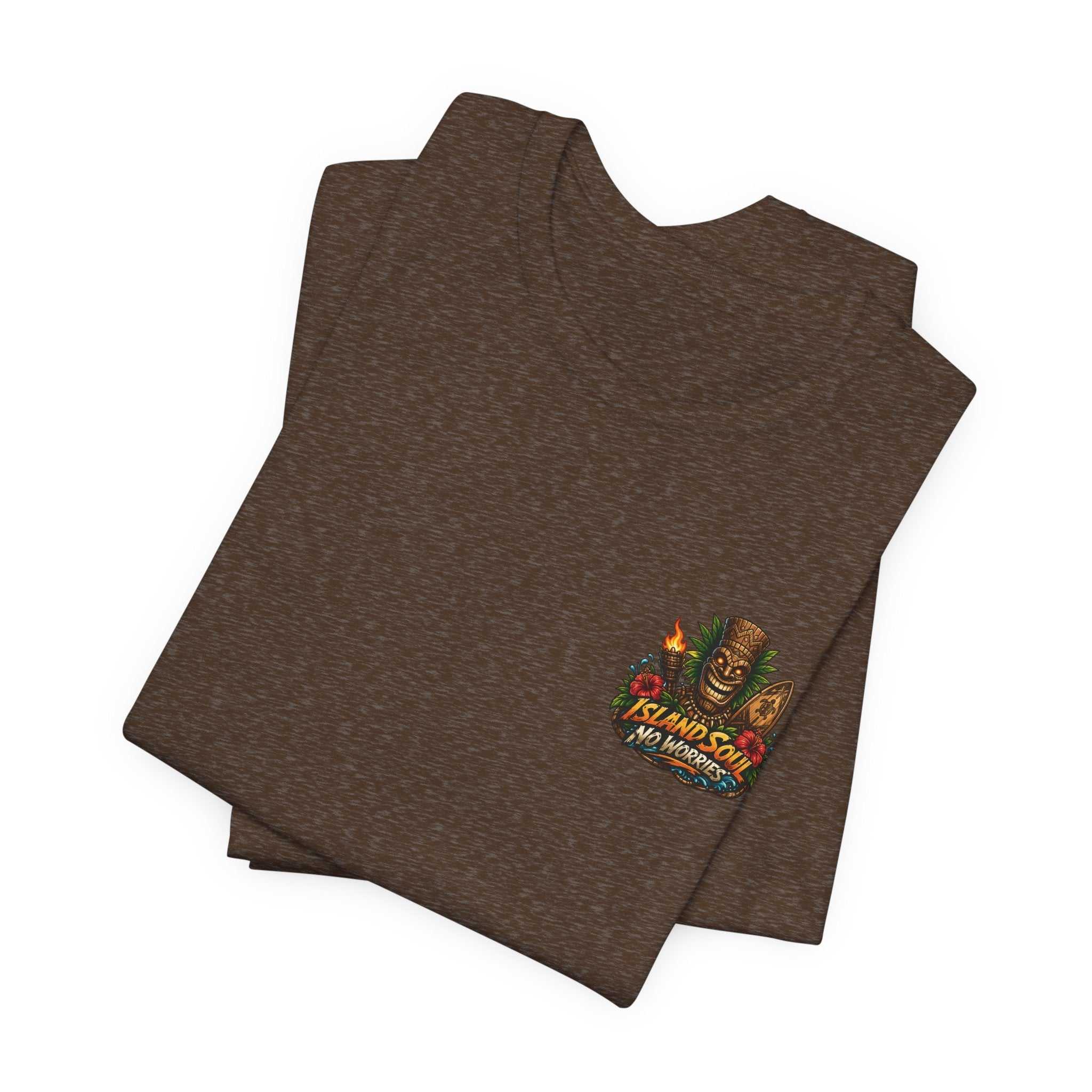 Tropical Tiki Tee with tiki, hibiscus flowers, and waves design on back, tropical island vibe shirt