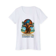 White women's organic T-shirt with Unfkwtbl Company Inc design featuring Atlas holding the globe.