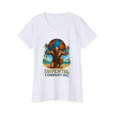 White women's organic T-shirt with Unfkwtbl Company Inc design featuring Atlas holding the globe.