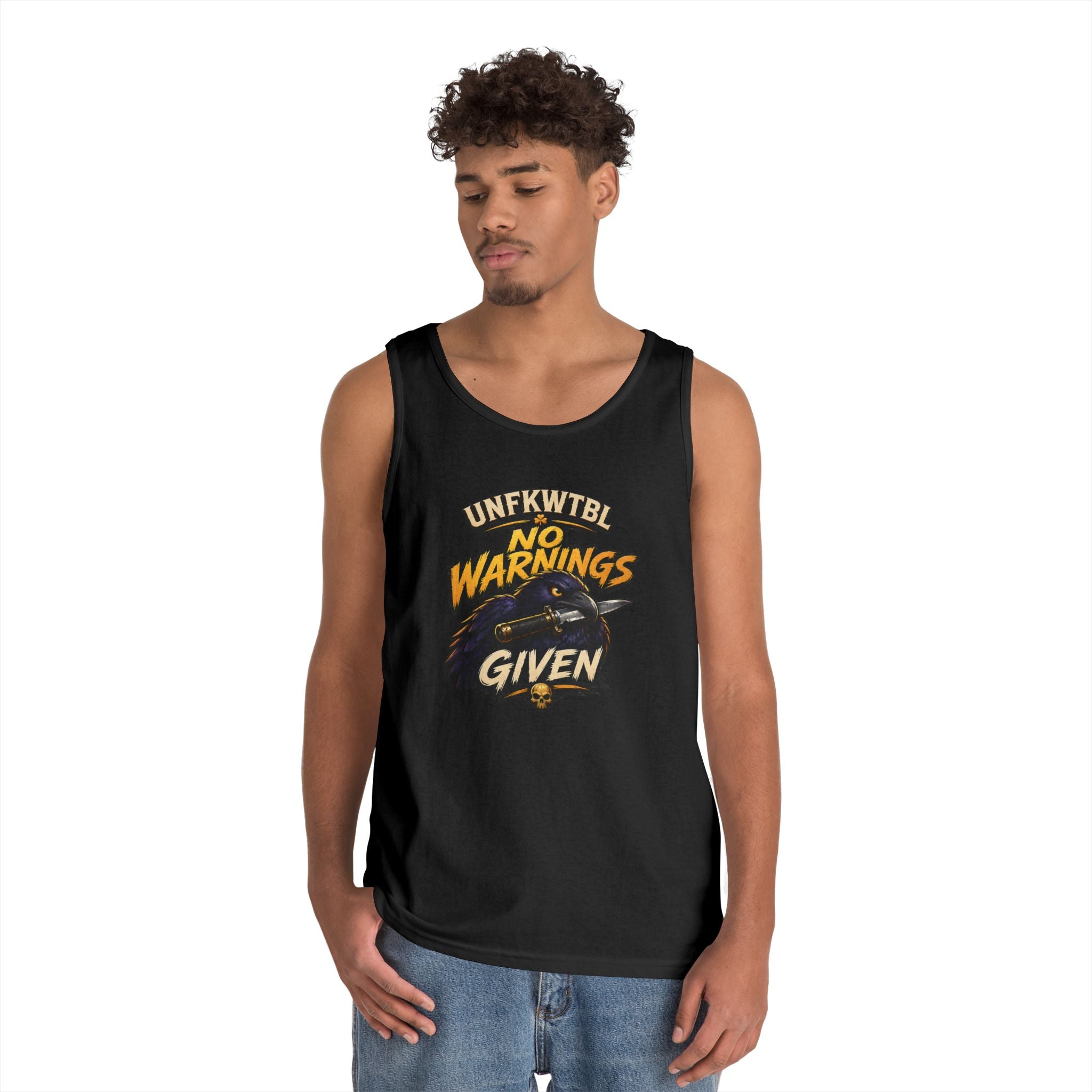 Tank Top — "No Warnings Given" Vintage Motorcycle Rider Graphic