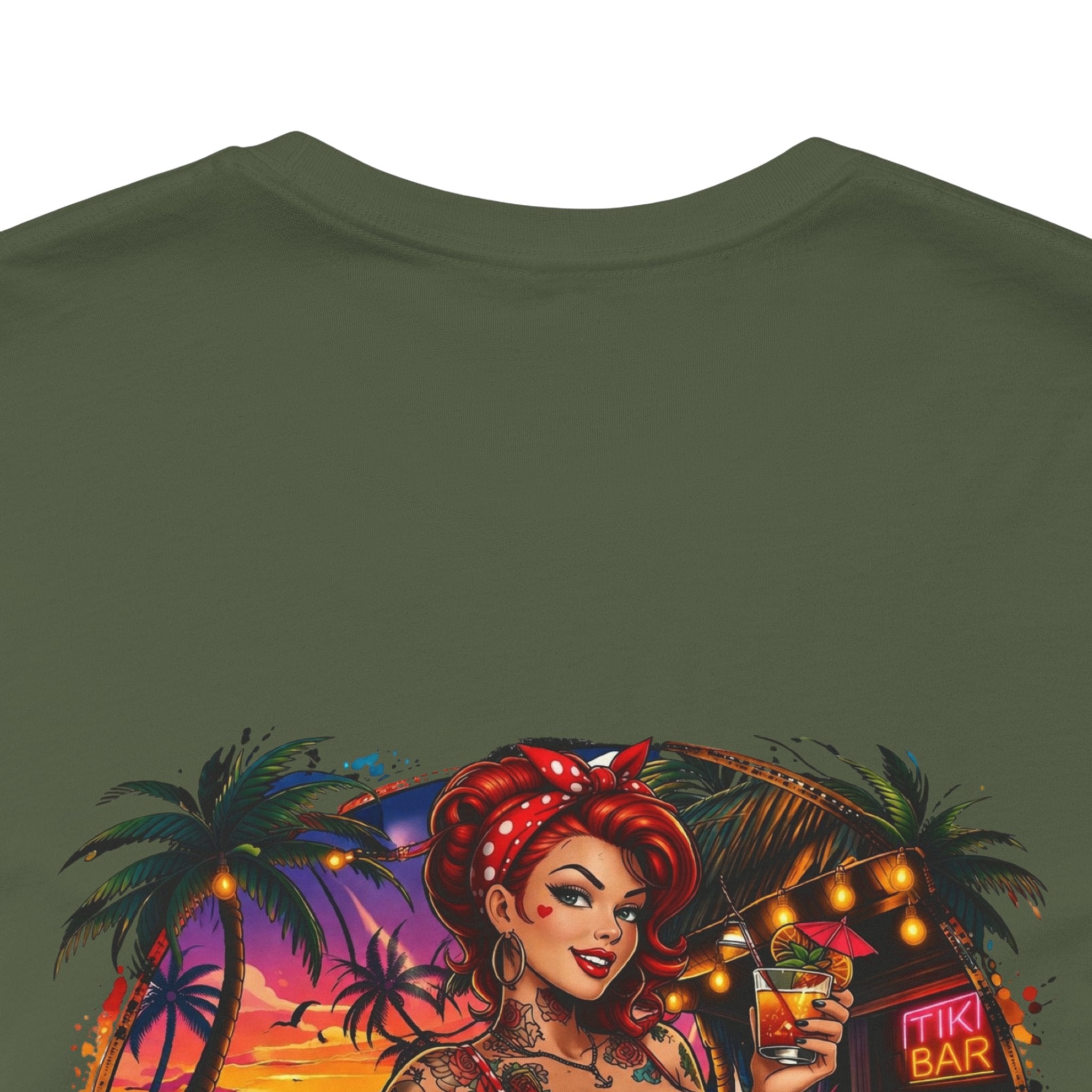 Beach Pinup T‑Shirt — "Less Thinkin', More Drinkin'" Retro Tropical Tee
