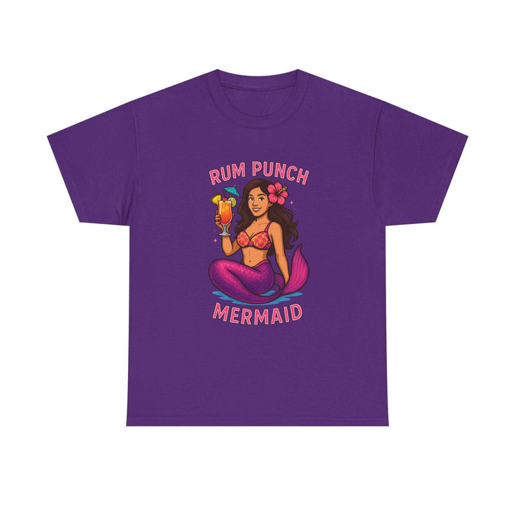 Purple T-shirt featuring a Rum Punch Mermaid graphic with tropical drink illustration