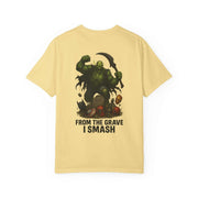 Beige graphic tee featuring Grim Reaper Hulk mashup design with "From the Grave I Smash" text on back