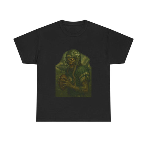 Black unisex tee with zombie football player graphic design