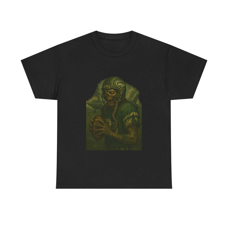 Black unisex tee with zombie football player graphic design