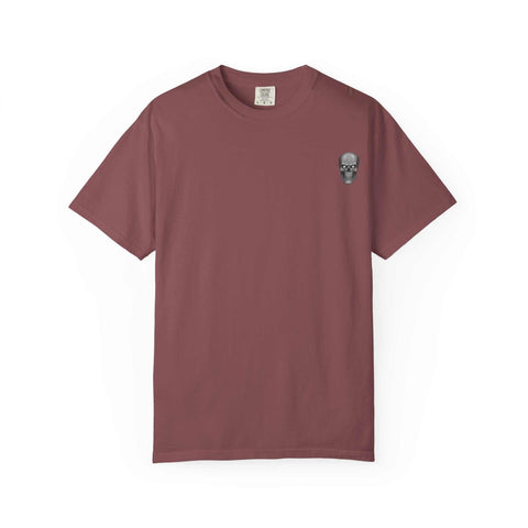 Unisex maroon t-shirt with small skull graphic, killer cocktails design, casual fit