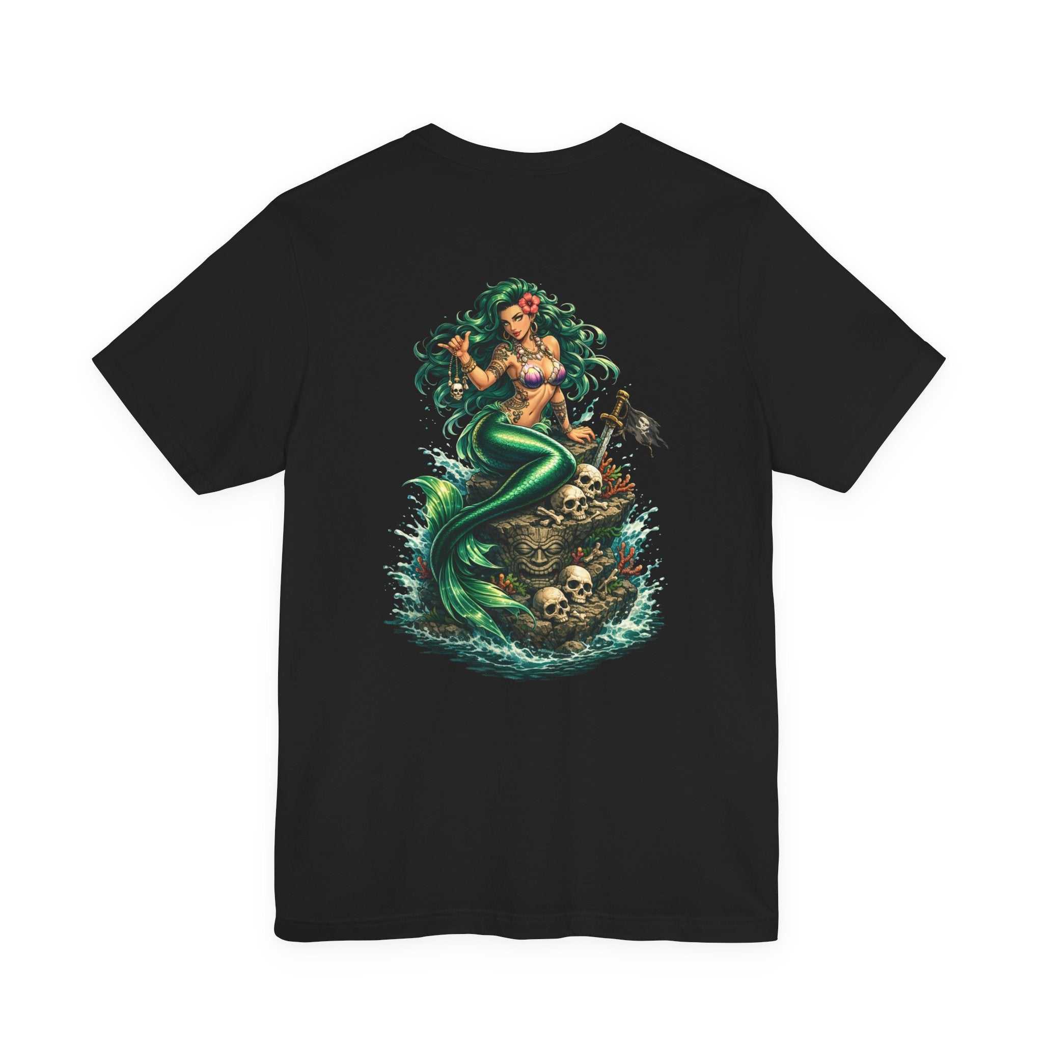 Vintage green Mermaid Skull Art Tee featuring a detailed mermaid skull graphic on a comfortable cotton t-shirt