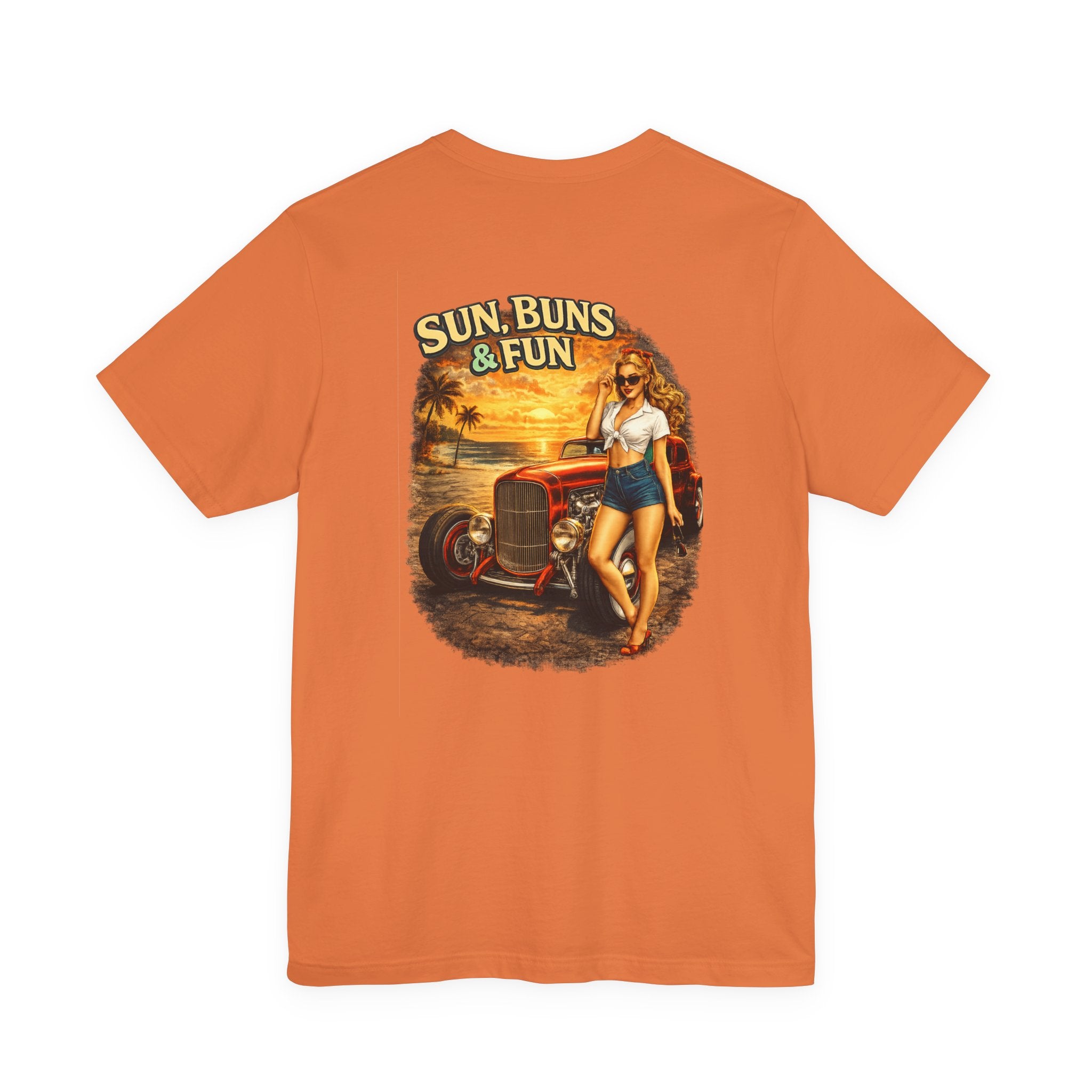 Sun, Buns & Fun Tee — Retro Pin-Up Hot Rod Beach T-Shirt
