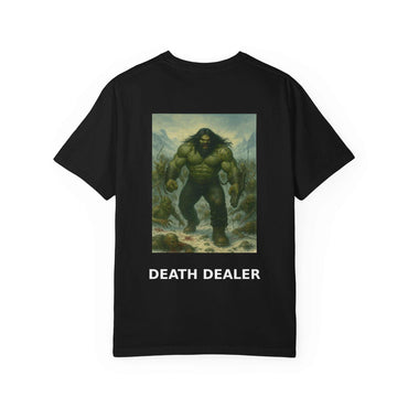Black Death Dealer Graphic Tee with fantasy warrior design and text "Death Dealer" on back