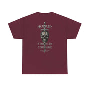 Maroon T-shirt with skull and sword design symbolizing honor, strength, and courage