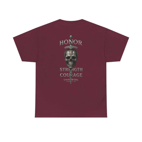 Maroon T-shirt with skull and sword design symbolizing honor, strength, and courage