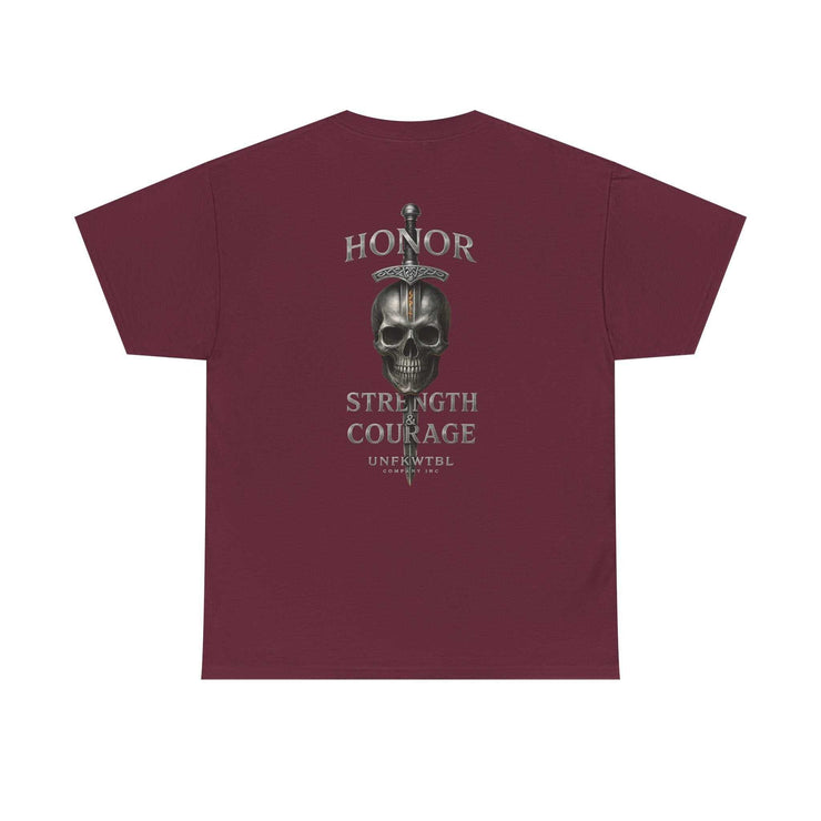 Maroon T-shirt with skull and sword design symbolizing honor, strength, and courage