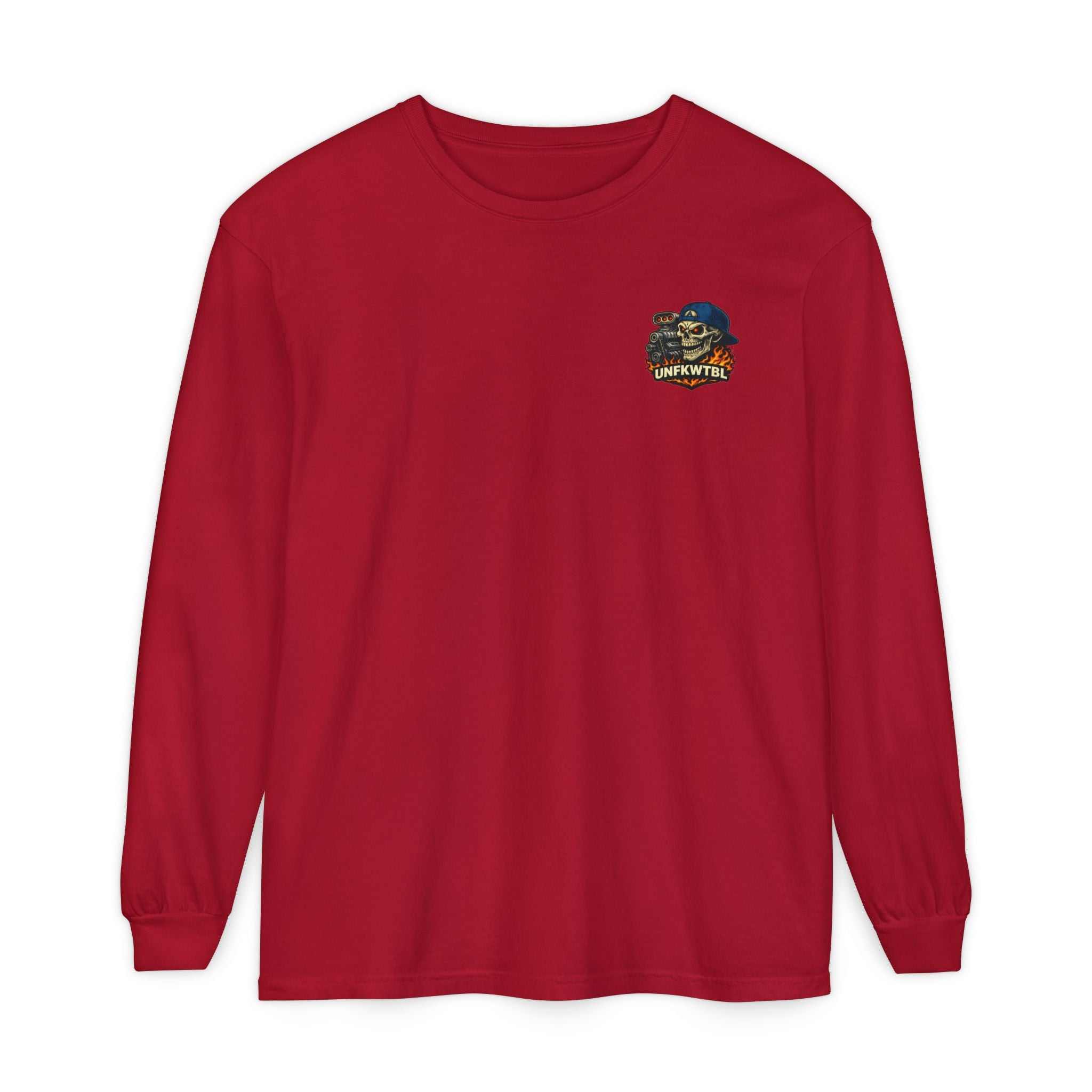 Still Burnin' Rubber Long Sleeve Tee — Retro Skull Muscle Car Graphic