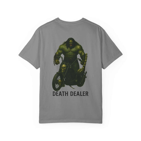 Unisex Death Dealer chopper ride to hell graphic on garment-dyed gray t-shirt