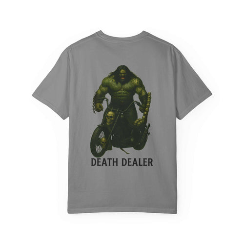 Unisex Death Dealer chopper ride to hell graphic on garment-dyed gray t-shirt