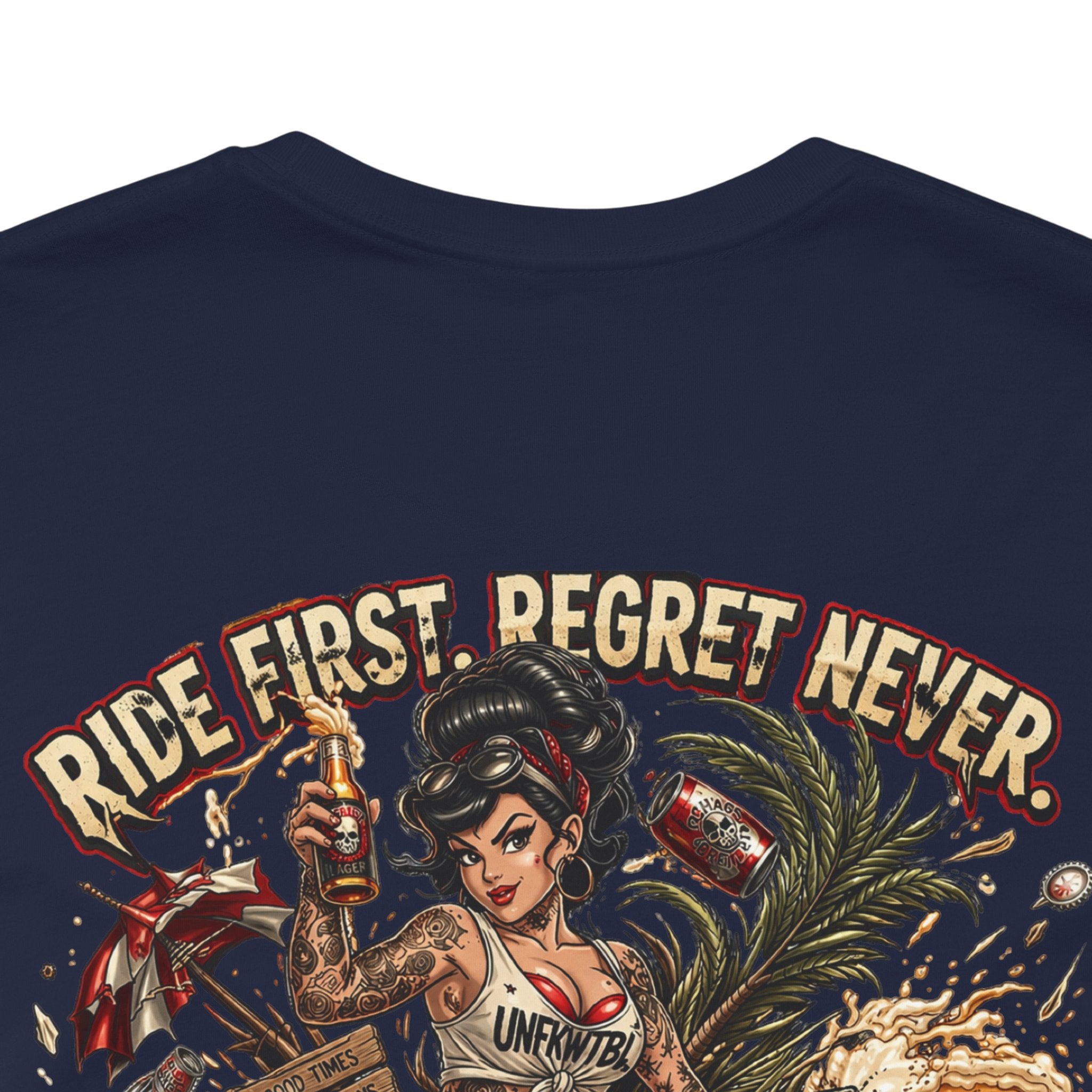 Ride First Regret Never Tee — Vintage Pinup Bomb Girl Motorcycle Graphic Shirt