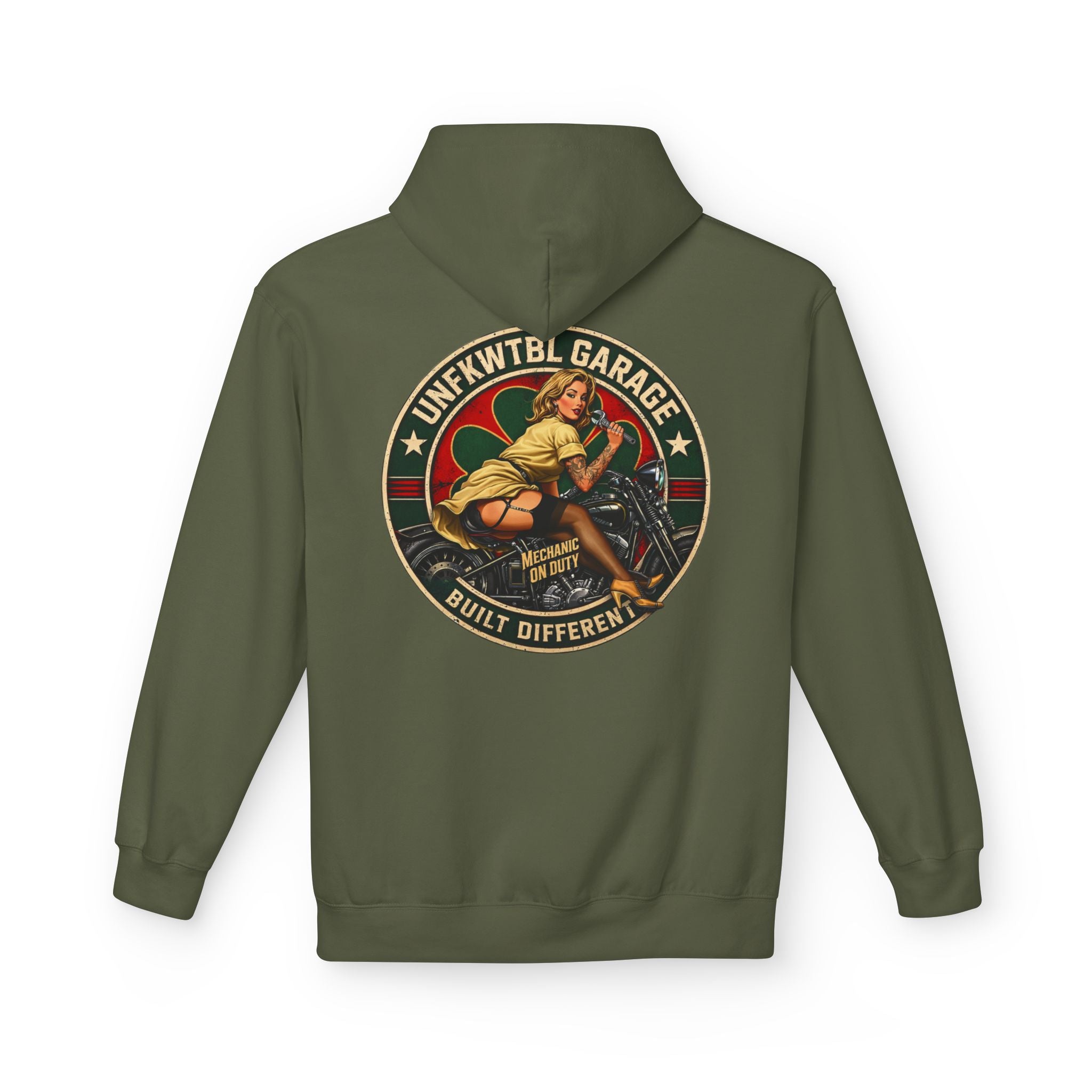 Vintage Pin-Up Motorcycle Hoodie — "Built Different" Garage Logo