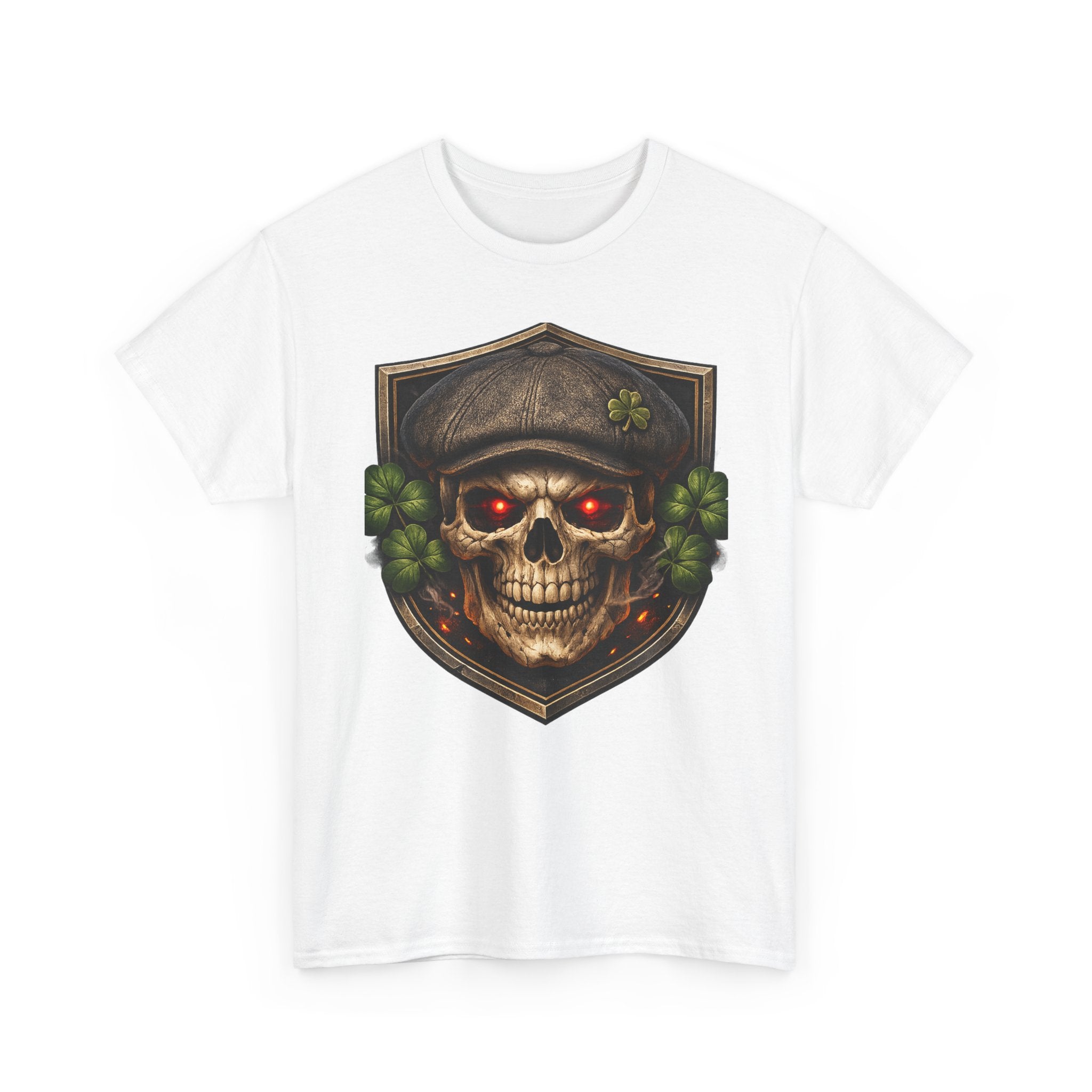 Skull & Shamrock Tee — Celtic Pirate Skull Shirt with Red-Eye Skeleton and Clover Badge