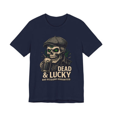 Dead & Lucky Skull Tee with grinning skull and frothy mug graphic on lightweight cotton tee