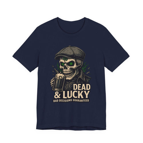 Dead & Lucky Skull Tee with grinning skull and frothy mug graphic on lightweight cotton tee