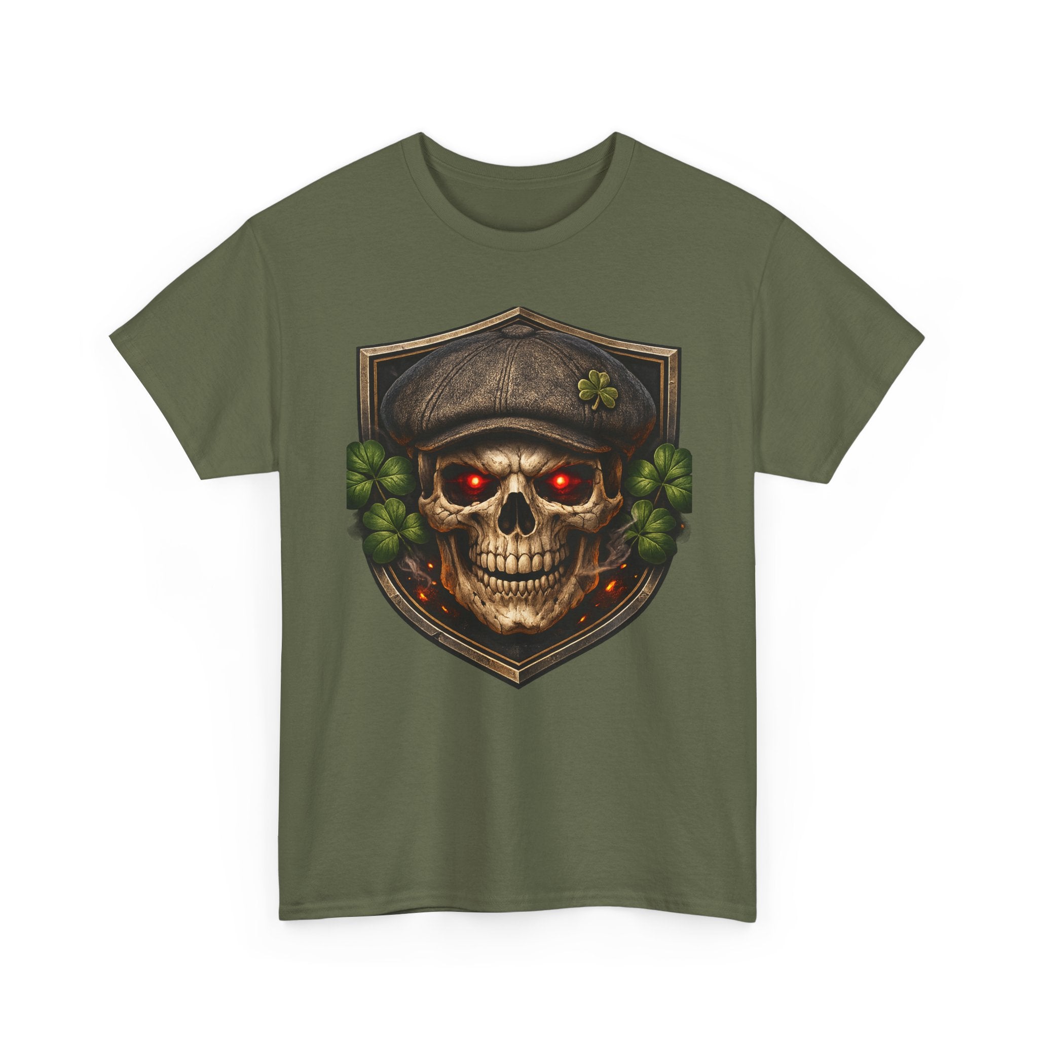 Skull & Shamrock Tee — Celtic Pirate Skull Shirt with Red-Eye Skeleton and Clover Badge