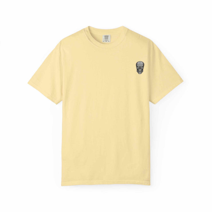 Unisex yellow tee with killer cocktails design featuring skull graphic, made of 100% cotton, casual fit