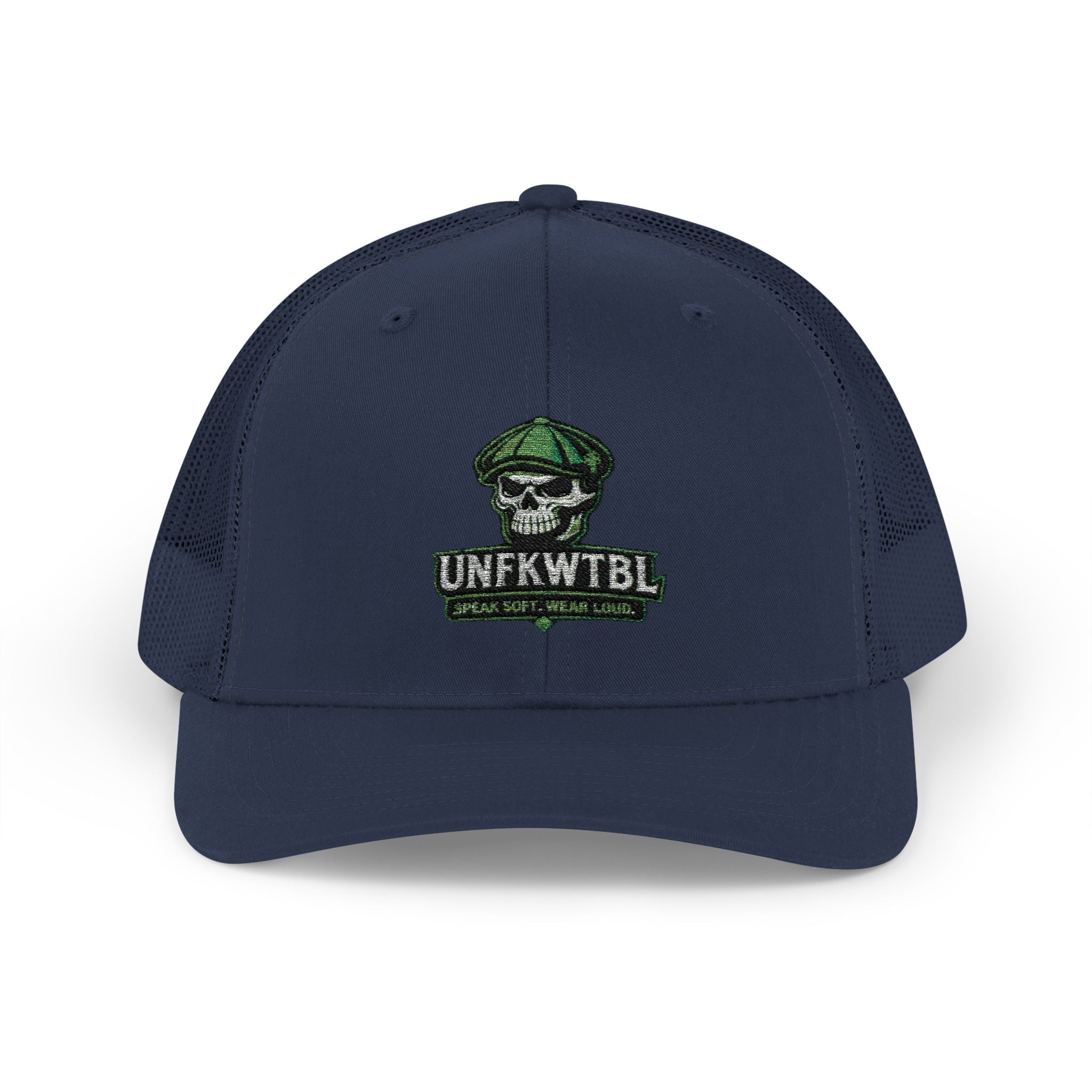 Snapback Trucker Cap — Green Camo Skull "UNFWTB1L" Embroidered Military Patch