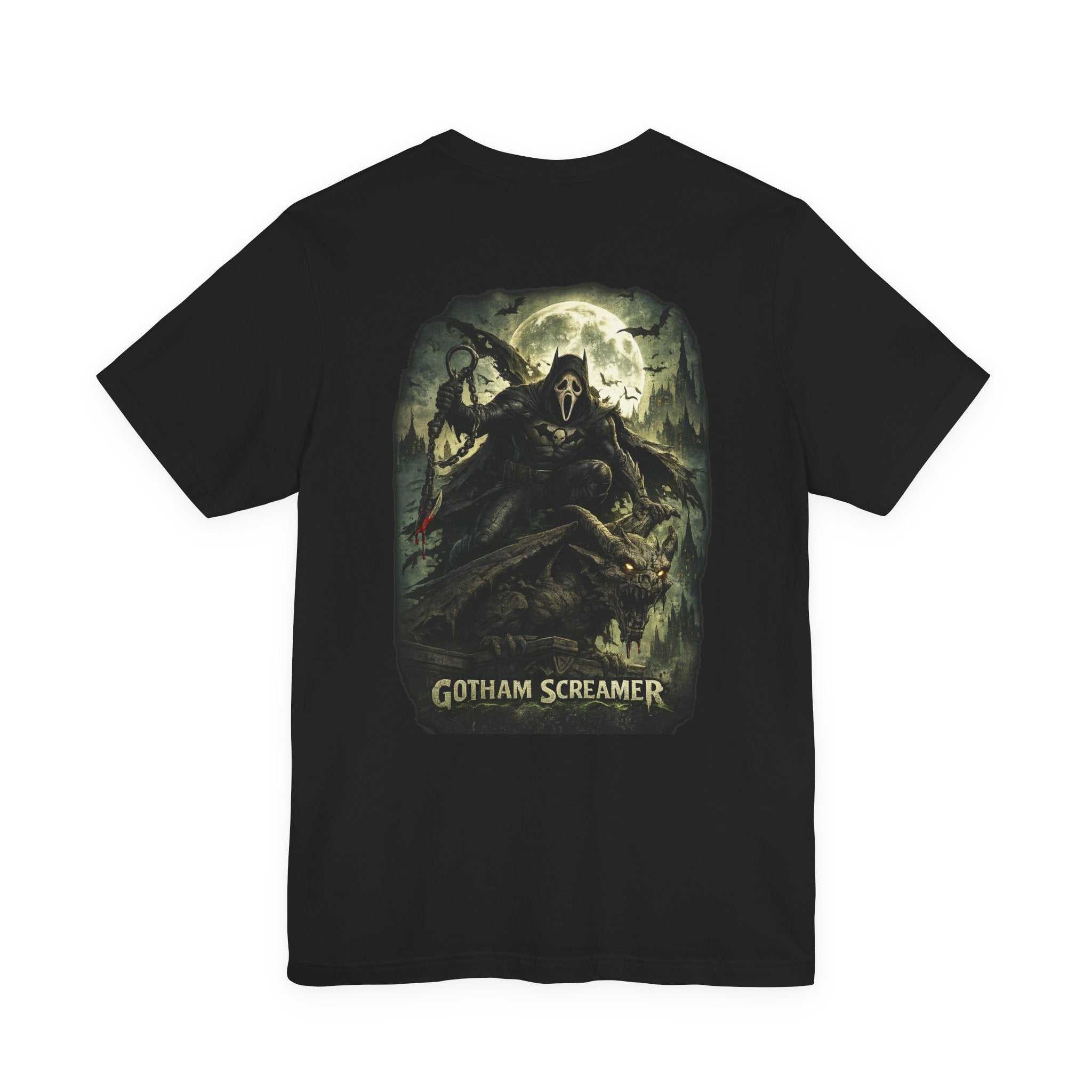 Gotham Screamer T-Shirt vintage gothic horror graphic tee with eerie cityscape and shadowy figures under full moon