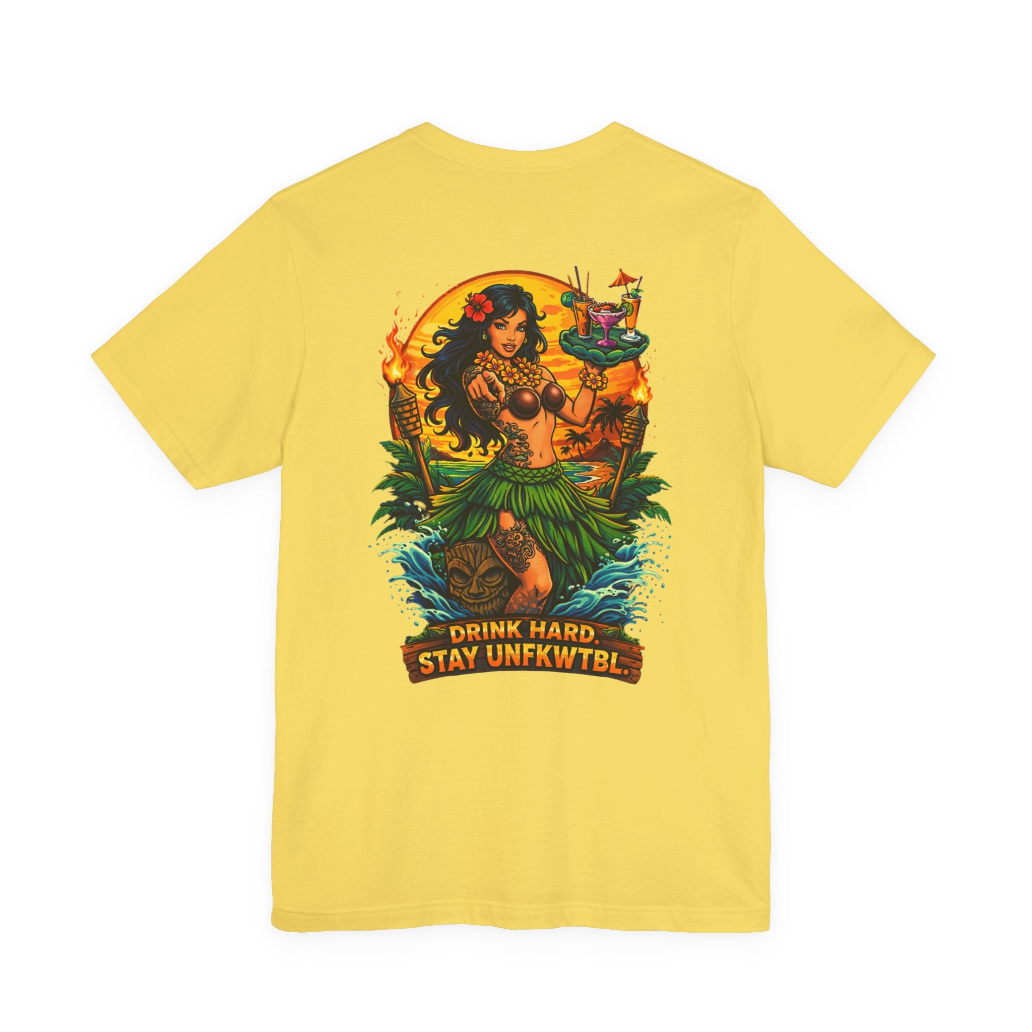 Hawaiian Hula Mermaid T‑Shirt — "Drink Hard Stay Unfwktbl" Tropical Bar Tee