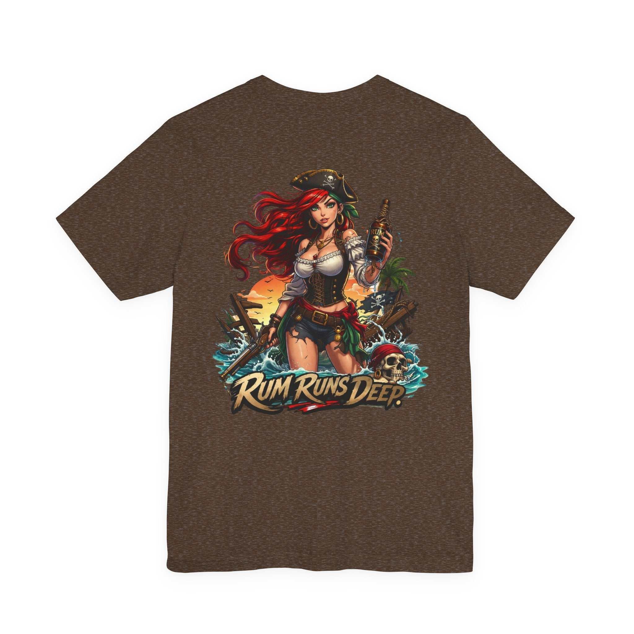 Rum Runs Deep Pirate Tee with nautical graphic and bold text on cotton shirt