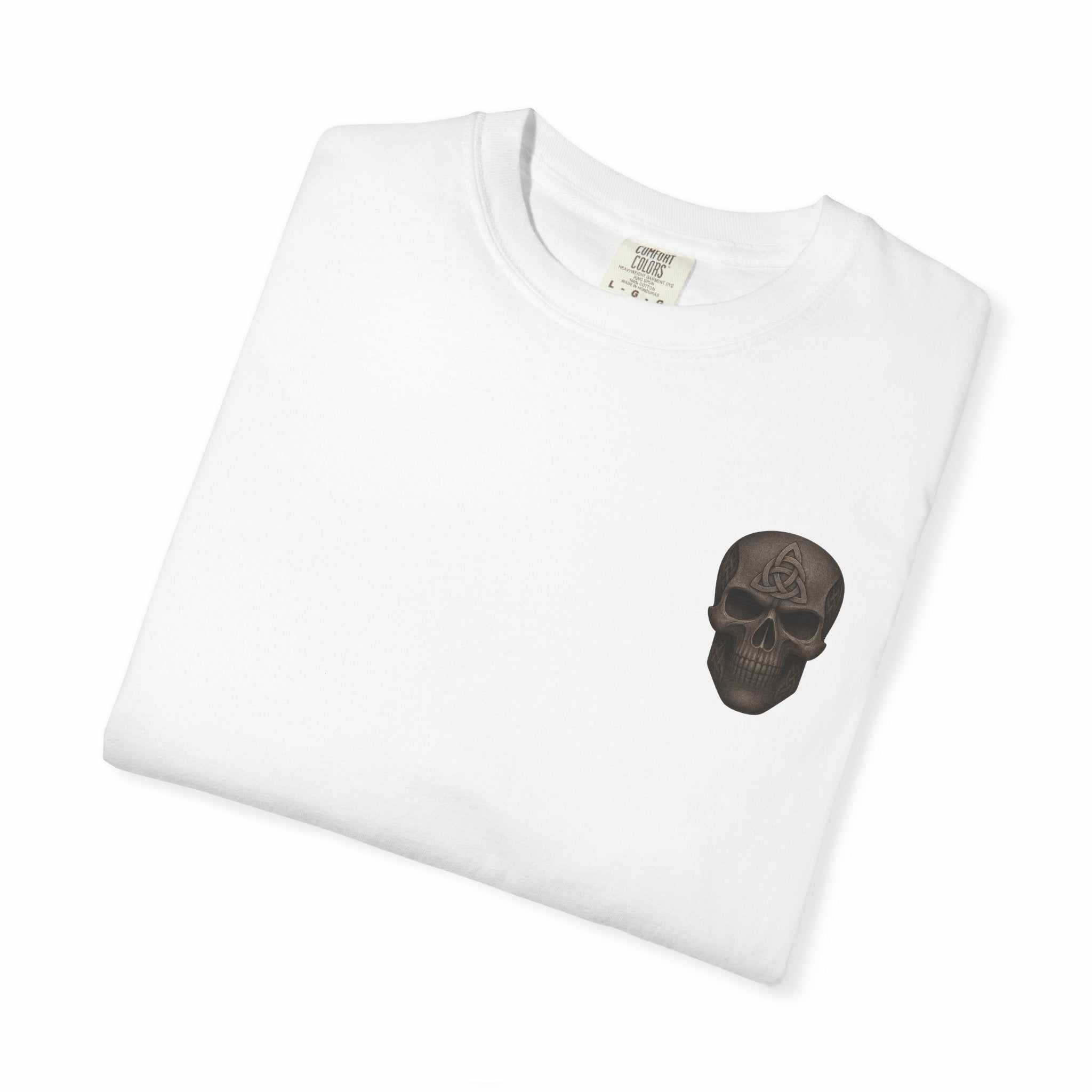 White unisex garment-dyed T-shirt with small black gladiator skull design on chest