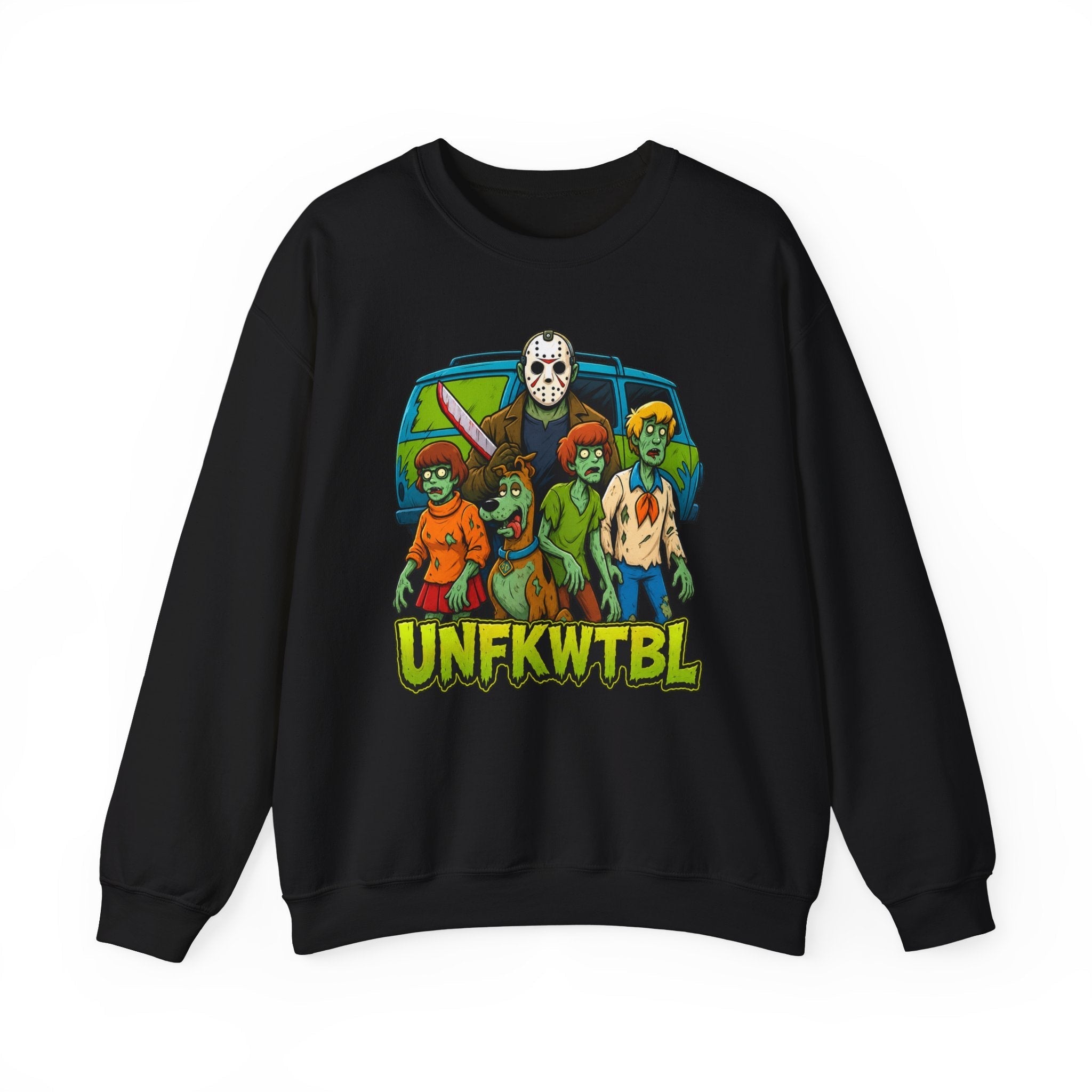 Gray zombie theme crewneck sweatshirt with colorful cartoon zombie kids and masked figure graphic on front and back